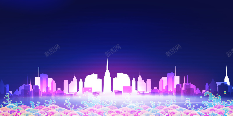 蓝色渐变时尚剪影城市宣传广告psd设计背景_88icon https://88icon.com 城市剪影 城市宣传 彩色祥云 蓝色天空 水波纹 热爱城市 城市建筑 公益海报背景 公益展板