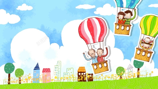韩式清新幸福家庭一家人热气球团聚海报背景背景