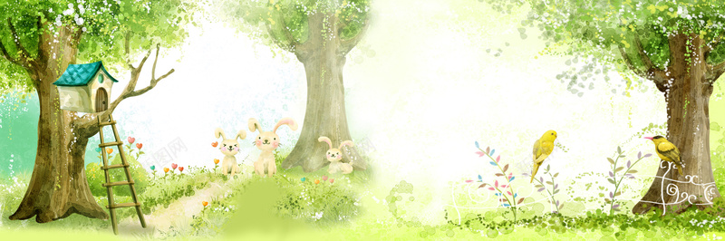 清新手绘森林兔子小鸟背景图背景