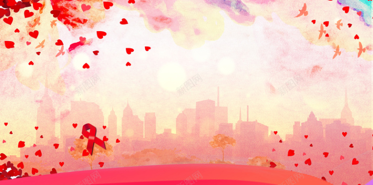 喜庆节日红色花瓣扁平城市水墨背景素材背景