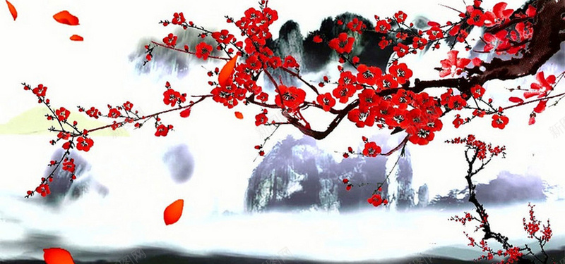 红梅枝水墨梅花中国风花瓣飘落背景背景