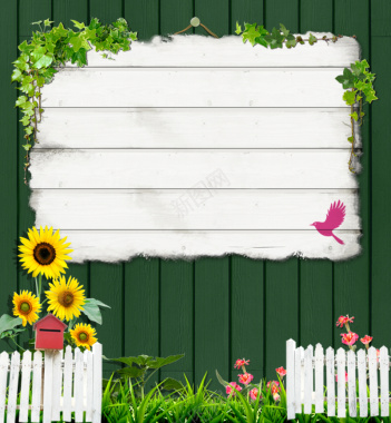 清新绿叶边框花卉木板背景素材背景