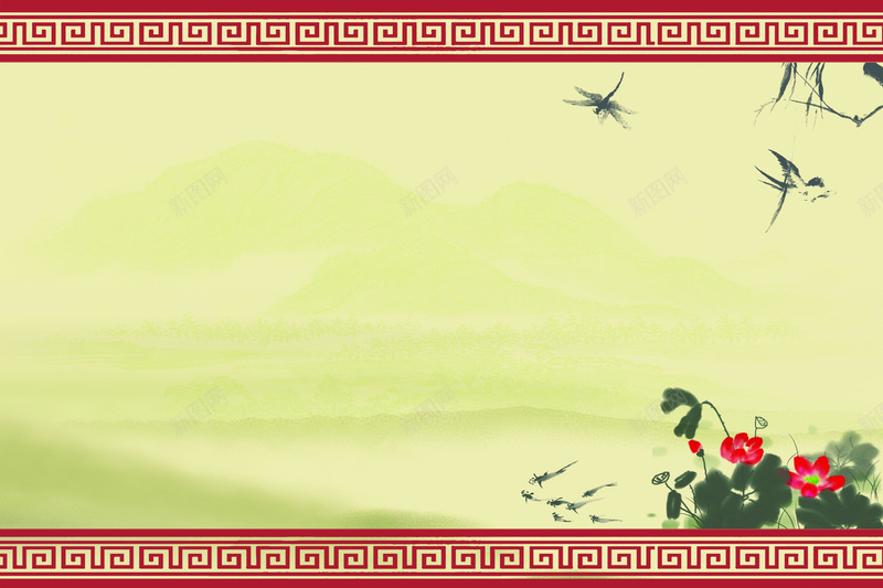 纹形边框海报背景素材jpg设计背景_88icon https://88icon.com 枝叶 燕子 红花 蜻蜓 花 边框 古色 山形 山地 幽暗 清新