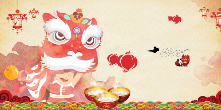 中国风舞狮表演欢聚元宵主题海报背景素材背景
