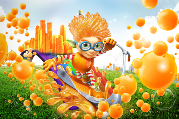 橙色创意卡通人物橙汁广告宣传背景素材背景