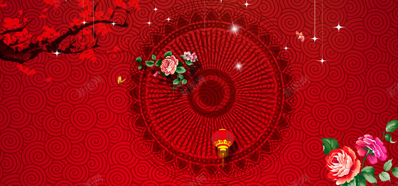 新年喜庆红色中国风电商banner背景psd设计背景_88icon https://88icon.com 元旦 春节 梅花 灯笼 红色 星光 图腾 淘宝 婚庆 背景
