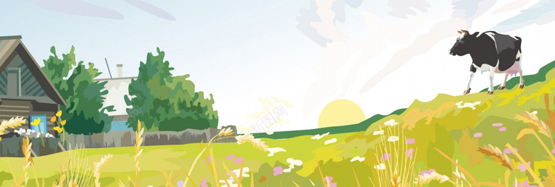 手绘田园风bannerjpg设计背景_88icon https://88icon.com 手绘 田园风 简约 绿 奶牛 房子 海报banner 卡通 童趣
