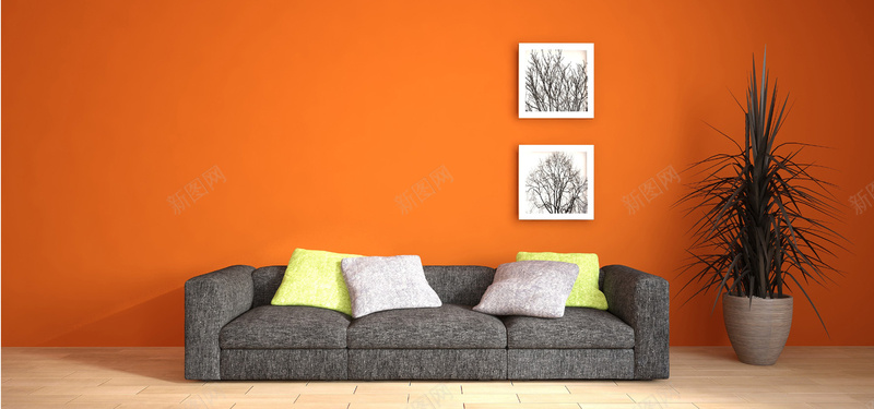 橙色墙壁上的装饰画背景