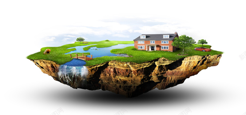 绿色岛上的别墅环保海报背景背景