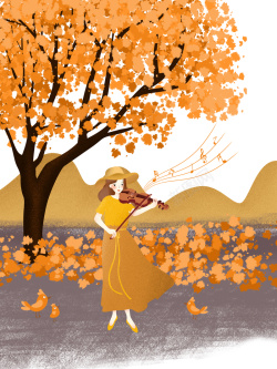 大树黄叶卡通手绘秋季上新高清图片