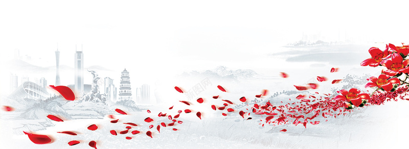 红色花瓣中国风水墨海报banner背景