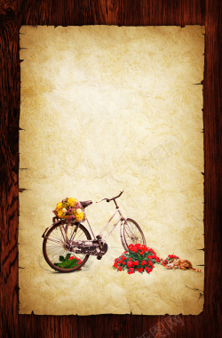 单车玫瑰花小猫木纹边框背景背景