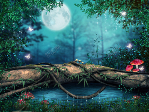 梦幻月光下原始森树藤背景素材背景