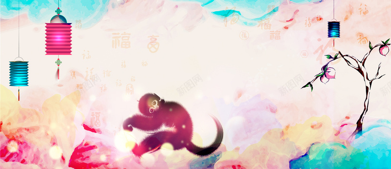 猴年psd设计背景_88icon https://88icon.com 猴年 新年 卡通 桃树 猴子 水墨 手绘 灯笼 海报banner 童趣