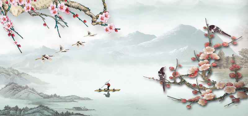 梅花喜鹊中国风山水背景背景