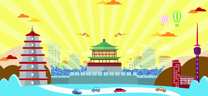 城市宣传醉美中国风卡通主题海报psd设计背景_88icon https://88icon.com 城市 海报 城市宣传 卡通海报 手绘海报 醉美海报设计 中国风 扁平 几何 大雁塔 西安