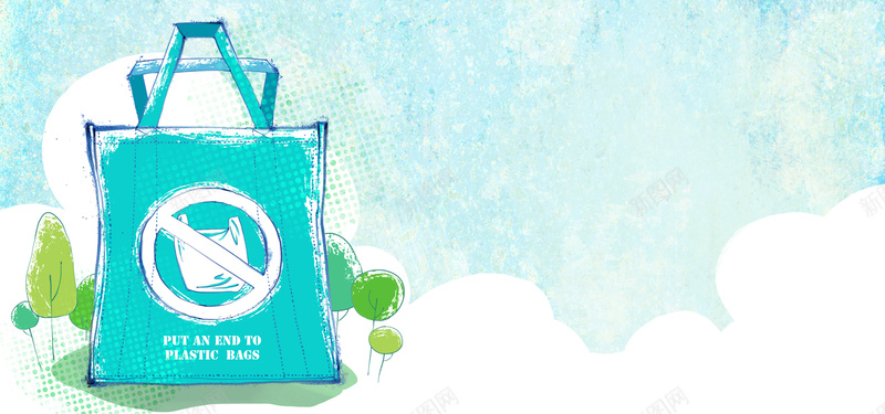 环保购物袋psd设计背景_88icon https://88icon.com 绿色 环保 袋子 海报banner 卡通 童趣 手绘
