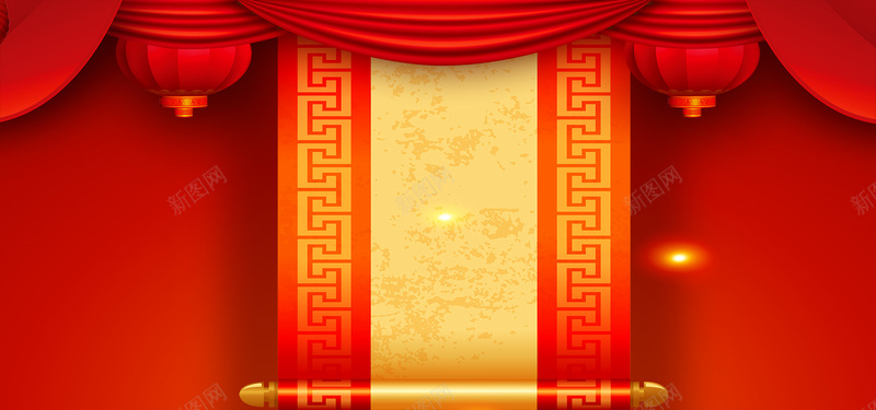 春节新年红色卷轴灯笼banner展板背景