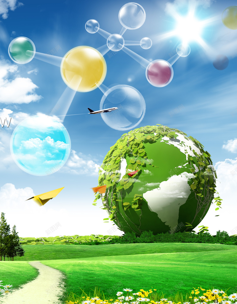 清新创意绿色海报psd设计背景_88icon https://88icon.com 绿色环保 生态创意 分子式 大自然 唯美风景 小径 田间 蓝天 草地 纸飞机 化学分子式 文艺 小清新 简约