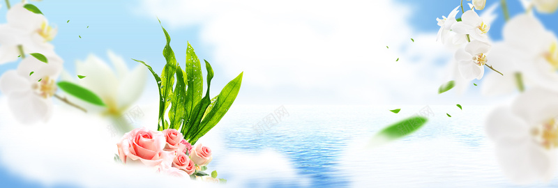 春天banner背景psd设计背景_88icon https://88icon.com 白色情人节 蓝天白云 春季 海洋 蓝色 小清新 简约 玫瑰 云朵 云层 小花 促销 护肤 38女王节