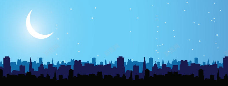 卡通夜景月亮城市剪影背景背景