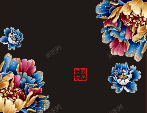 中国风高贵美丽牡丹花黑色背景素材背景