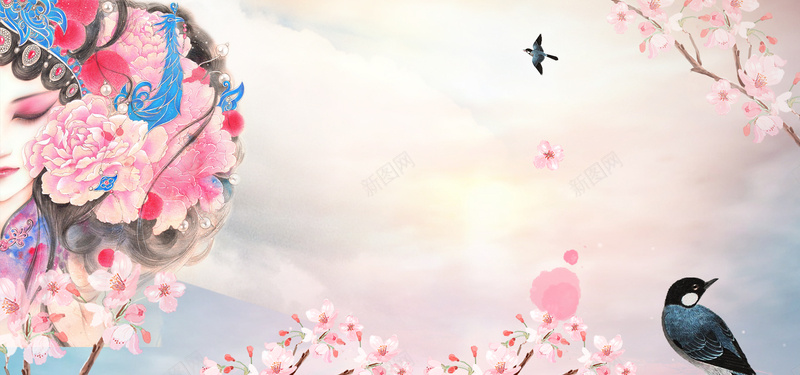 创意桃花节文艺京剧脸谱鸟粉bannerpsd设计背景_88icon https://88icon.com 桃花节 桃花 文艺 小清新 浪漫 梦幻 粉色 春天 春季 素材 广告 设计 背景 京剧 脸谱 燕子