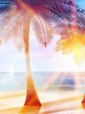 矢量质感梦幻炫彩椰树海岛背景素材背景