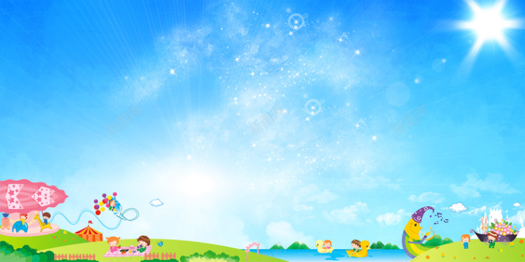 蓝天白云手绘阳光草地卡通背景素材背景