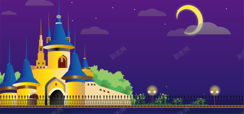 迪士尼夜空背景jpg设计背景_88icon https://88icon.com 迪士尼 城堡 月亮 夜空 卡通 手绘 海报banner 童趣