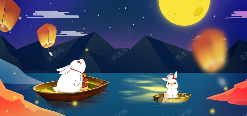 中秋促销卡通夜景可爱banner背景