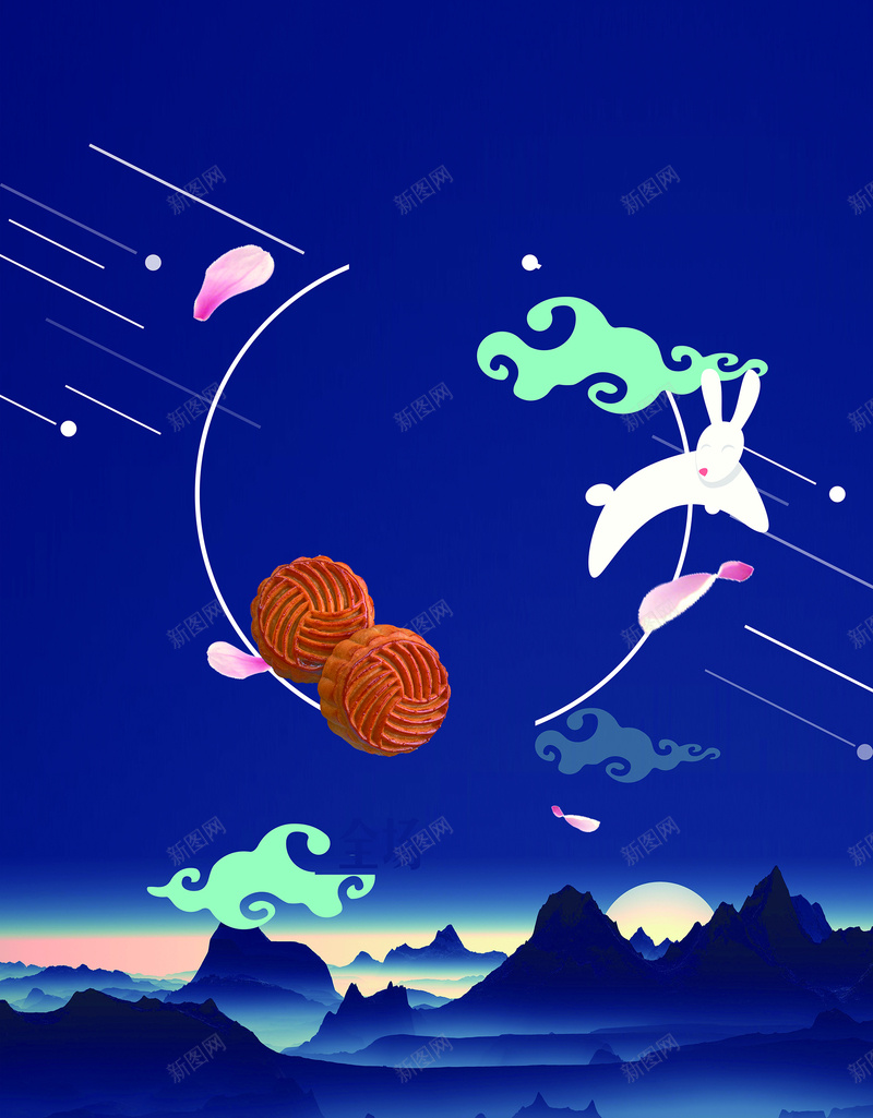 简约中国风中秋节广告psd设计背景_88icon https://88icon.com 中国风 中秋节 广告 月饼 简约 月亮 线条 花瓣 远山 祥云