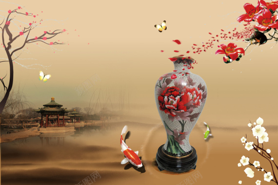 中国风木棉花下的瓷花瓶背景素材背景