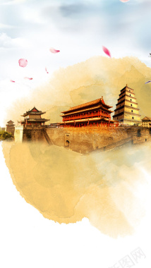 黄色中国风古建筑背景背景
