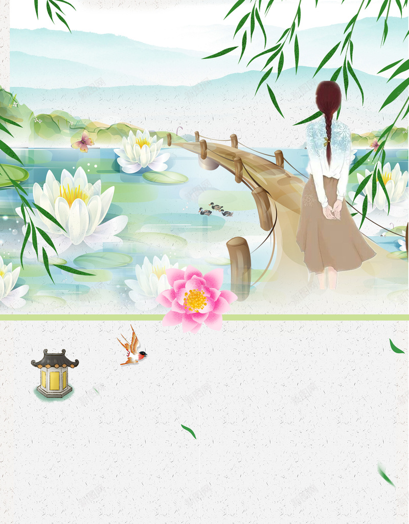 手绘风景立夏节气海报psd设计背景_88icon https://88icon.com 24节气 立夏节气 荷塘月色 立夏 荷花 夏日 夏天 二十四节气 女孩 柳叶 手绘 桥