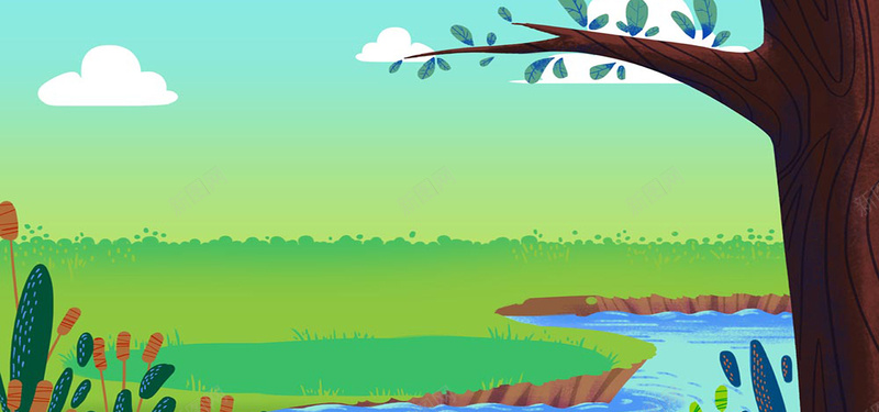 卡通插画背景jpg设计背景_88icon https://88icon.com 卡通 树木 植物 花朵 草坪 小河 海报banner 童趣 手绘