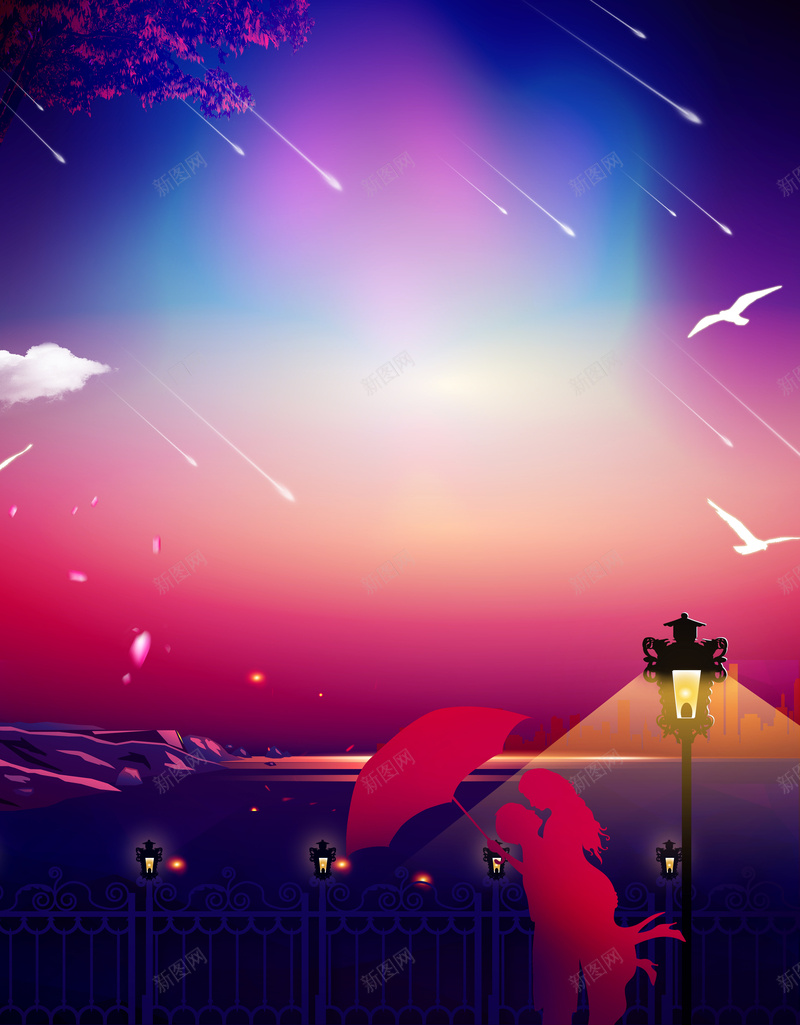 我和七夕有个约惠海报psd设计背景_88icon https://88icon.com 七夕情人节 浪漫七夕 七夕 情侣 路灯 我和七夕有个约惠 剪影 云朵 鸟