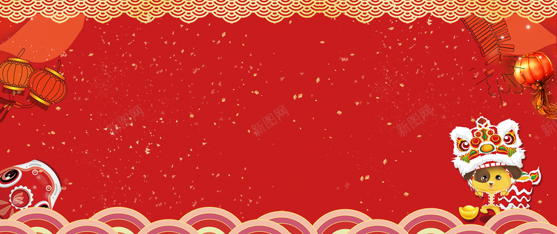 新年舞狮卡通灯笼手绘红色banner背景
