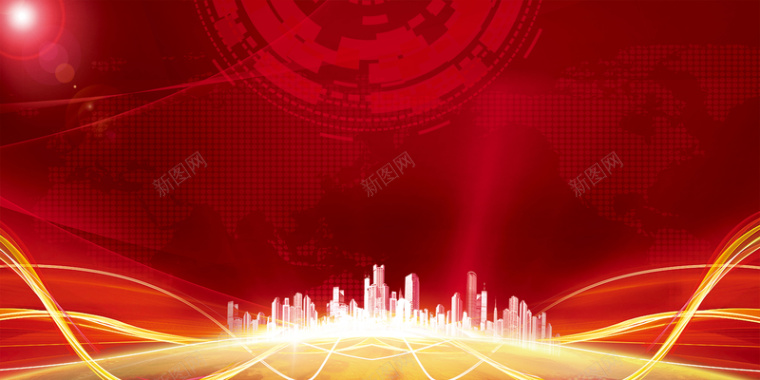 红色喜庆金色城市建筑炫光背景素材背景