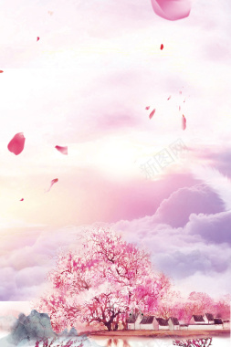 粉红色树木上空的花瓣背景素材背景