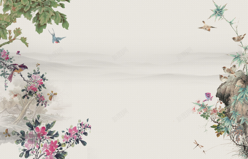 中国风工笔花鸟居家海报背景psdjpg设计背景_88icon https://88icon.com 中国风 工笔画 花鸟 居家海报 psd 装饰画 国画 远山