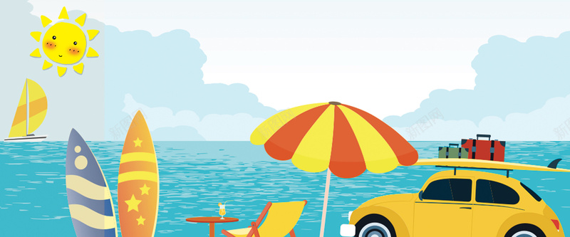 夏季海边出游卡通童趣蓝色背景背景