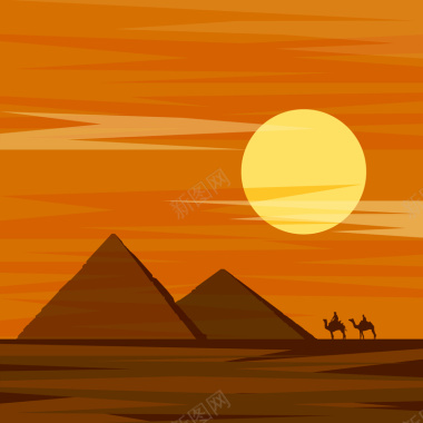 卡通手绘沙漠金字塔夕阳背景素材背景