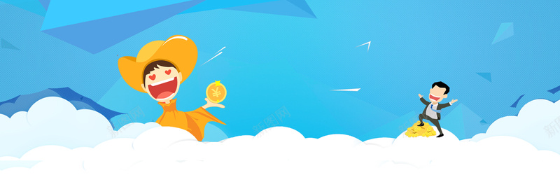 电商促销金币小人卡通蓝色bannerpsd设计背景_88icon https://88icon.com 电商 京东 几何 素材 广告 淘宝 设计 背景 渐变 多边形 童趣 简约 边框 框框 爱心 金币 云层