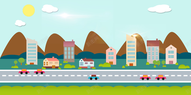 卡通城市道路背景psd设计背景_88icon https://88icon.com 卡通 城市 道路 车子 房子 童趣 手绘