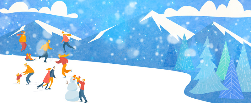 冬季滑雪手绘卡通蓝色banner背景