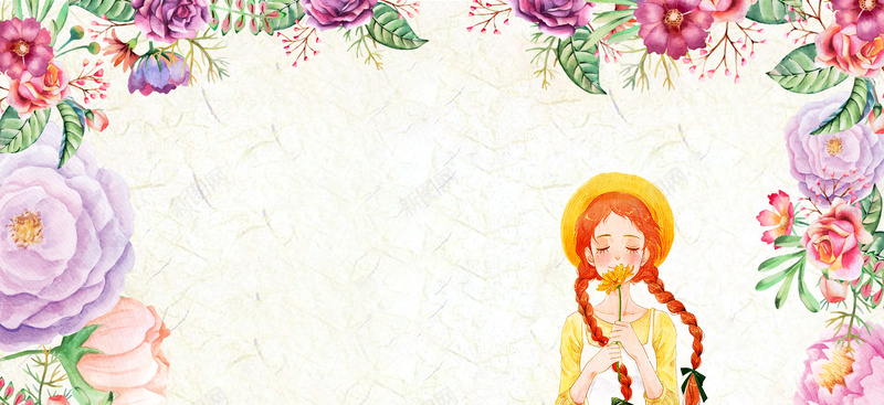 夏天文艺女孩手绘花朵简约背景背景