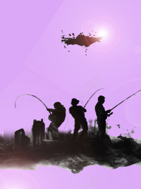 简约钓鱼水墨紫色背景素材背景