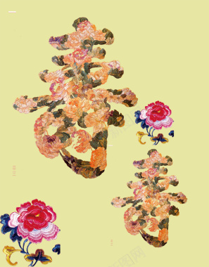 中式刺绣寿字刺绣花朵背景素材背景
