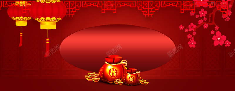 春节淘宝红色中国风banner背景psd设计背景_88icon https://88icon.com 元宵节 树枝 渐变 红色 节日 灯笼 福袋 椭圆 图形 几何 设计